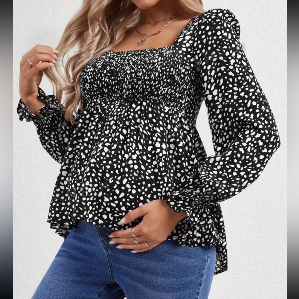 COPY - Maternity Allover Print Square Neck Flounce Sleeve Peplum Blouse